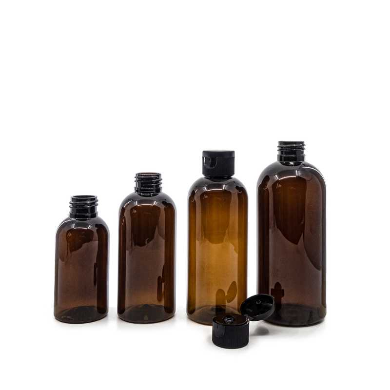 Frasco de plástico ámbar, tapón flip-top negro, 100 ml