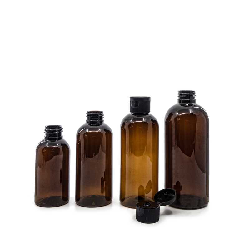 Botella de plástico ámbar, tapón flip-top negro, 200 ml