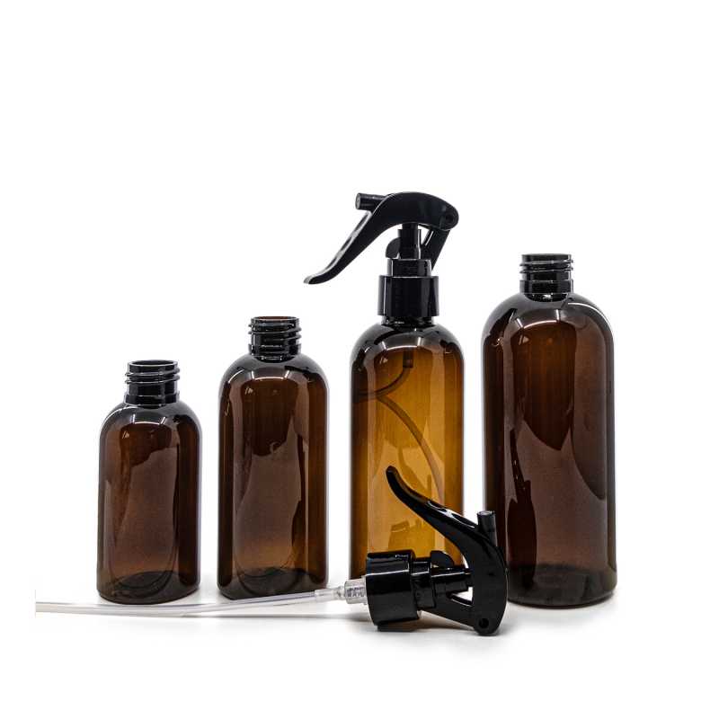 Frasco de plástico ámbar, pulverizador de gatillo negro, 100 ml