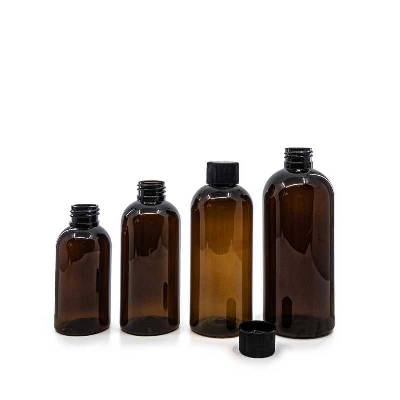 Frasco de plástico marrón, sobretapa negra estriada, 100 ml