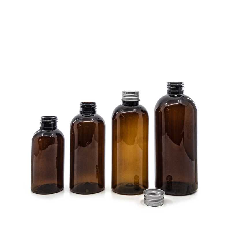 Botella de plástico marrón, tapón de aluminio, 300 ml