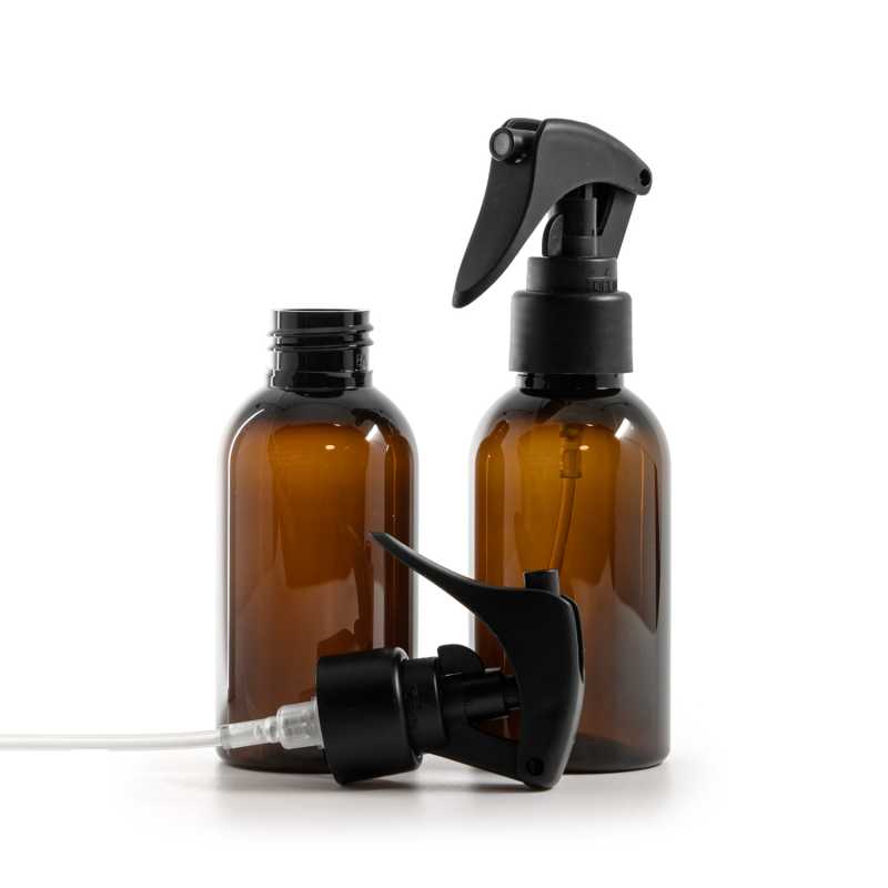 Frasco de plástico marrón, pulverizador de gatillo negro mate, anillo liso, 100 ml