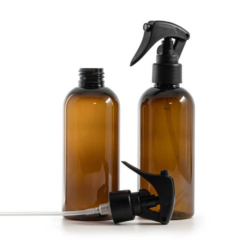 Botella de plástico marrón, pulverizador de gatillo negro mate, anillo liso, 200 ml