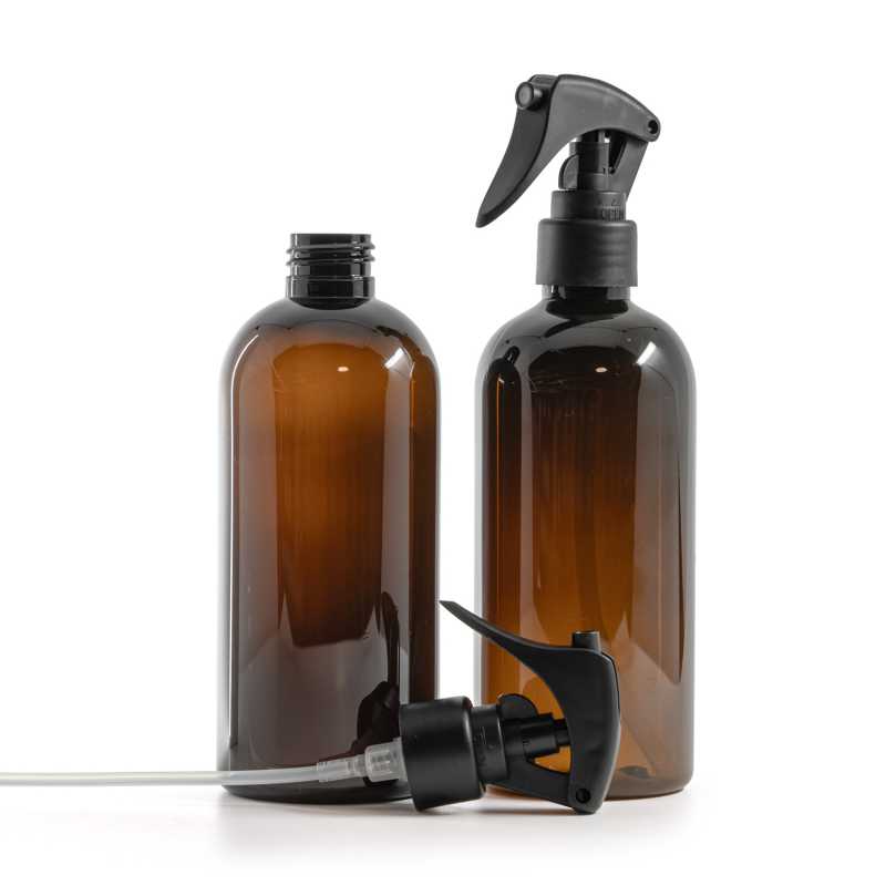 Botella de plástico marrón, pulverizador de gatillo negro mate, anillo liso, 300 ml