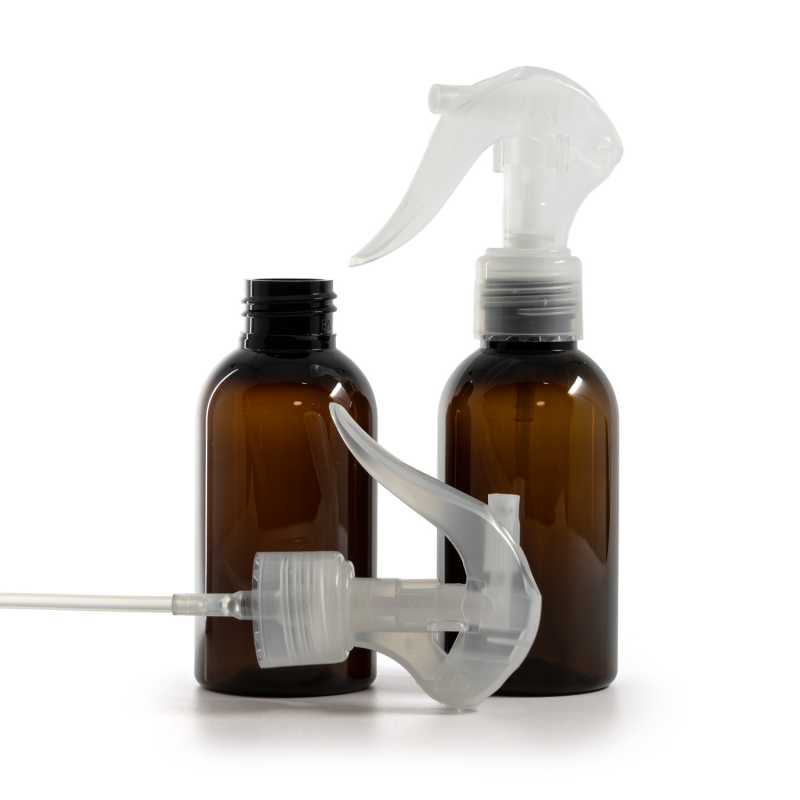 Frasco de plástico marrón, pulverizador de gatillo transparente, 100 ml