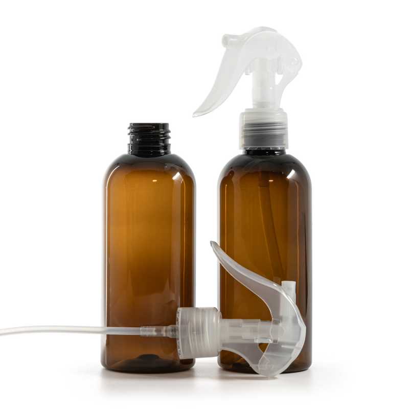 Botella de plástico marrón, pulverizador de gatillo transparente, 200 ml