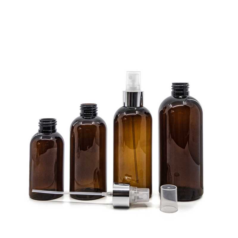 Botella de plástico marrón, pulverizador transparente, anillo plateado brillante, 300 ml