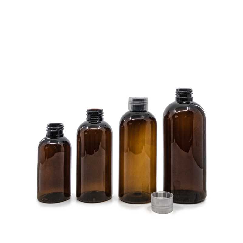 Frasco de plástico ámbar, 100 ml, tapón transparente