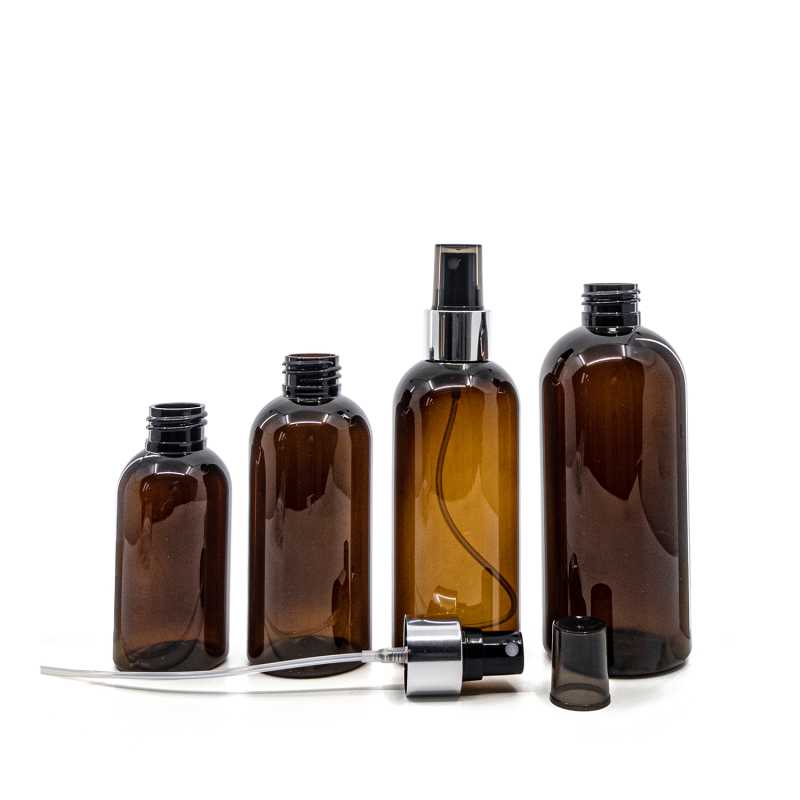 Botella de plástico marrón, pulverizador negro, anillo plateado brillante, 300 ml