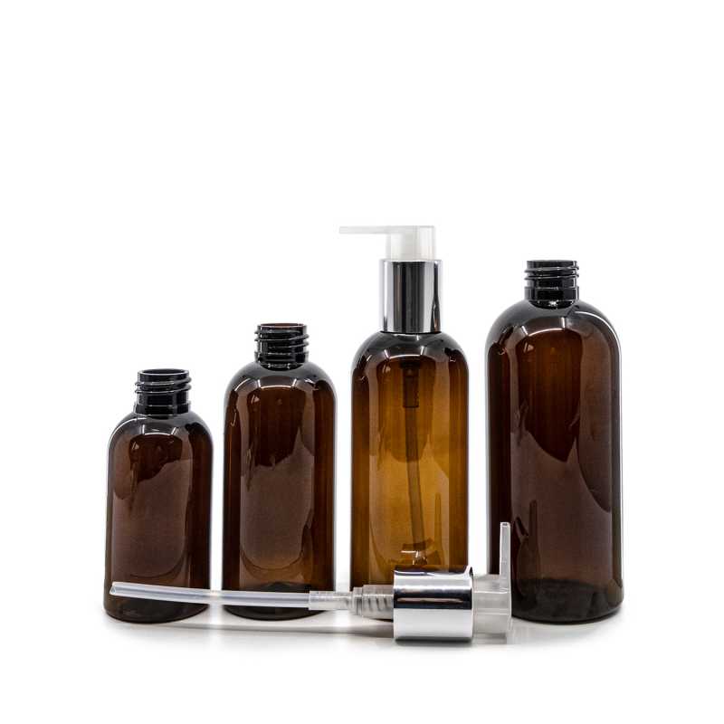 Botella de plástico ámbar, bomba plateada, 150 ml