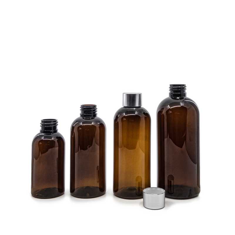 Botella de plástico marrón, sobretapa plateada, 150 ml