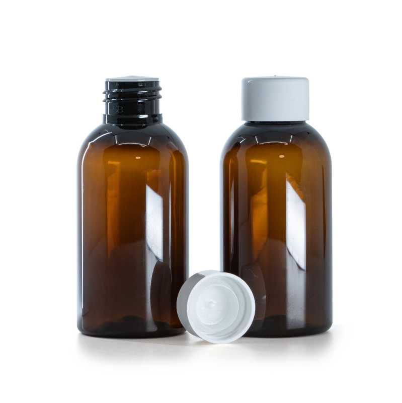 Frasco de plástico ámbar, tapón blanco liso con reductor, 100 ml