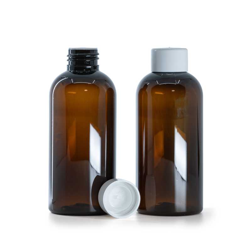 Botella de plástico ámbar, tapón blanco liso con reductor, 150 ml