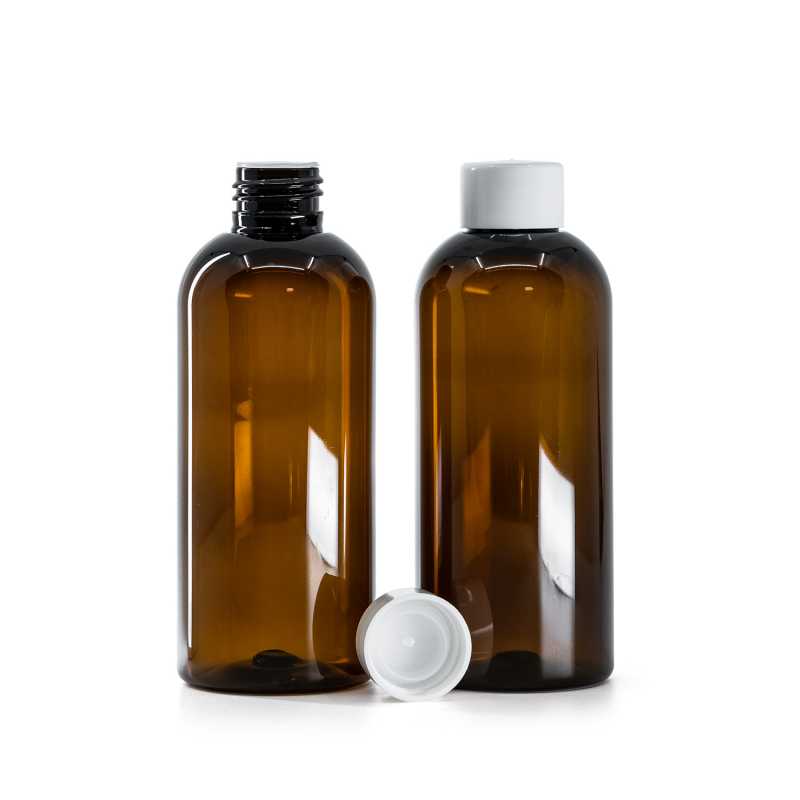 Botella de plástico ámbar, tapón blanco liso con reductor, 200 ml