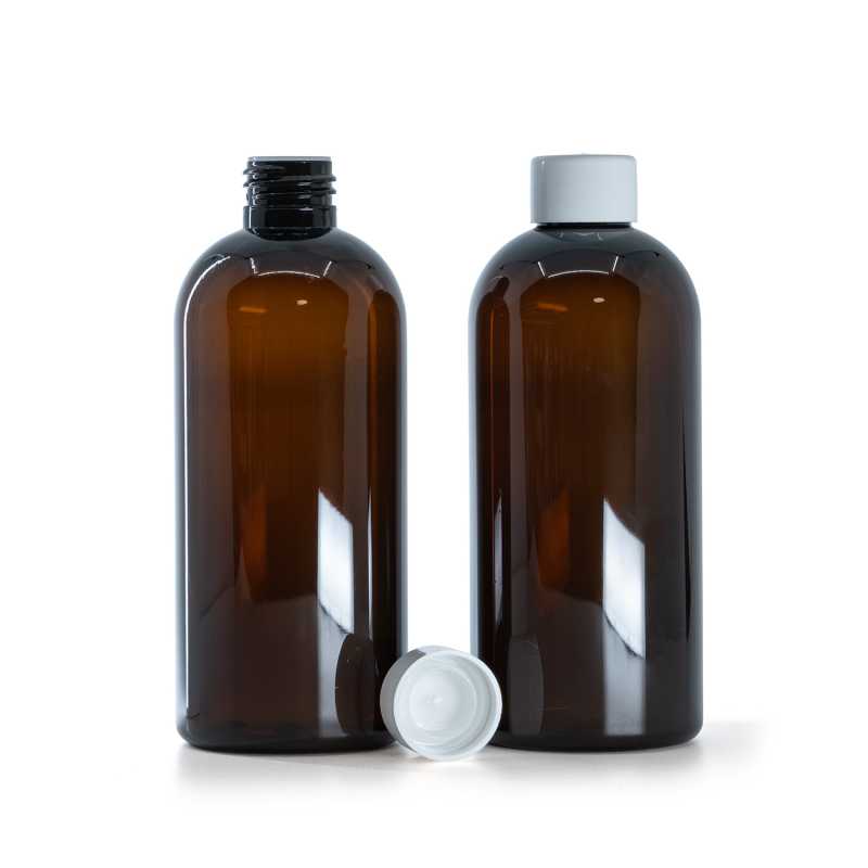 Botella de plástico marrón, tapón blanco liso con reductor, 300 ml