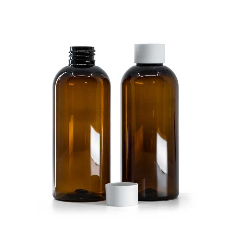 Botella de plástico ámbar, 200 ml, tapón blanco mate