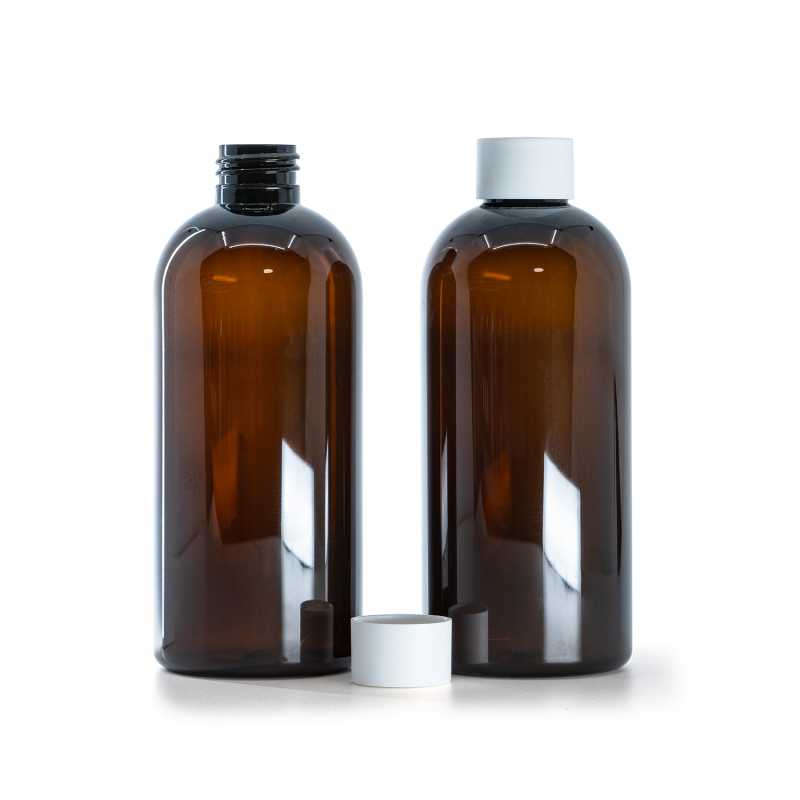 Botella de plástico ámbar, tapón blanco mate, 300 ml