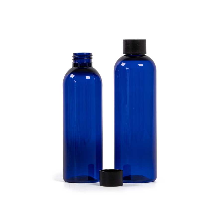 Botella de plástico azul, 24/410, tapón negro mate, 250 ml