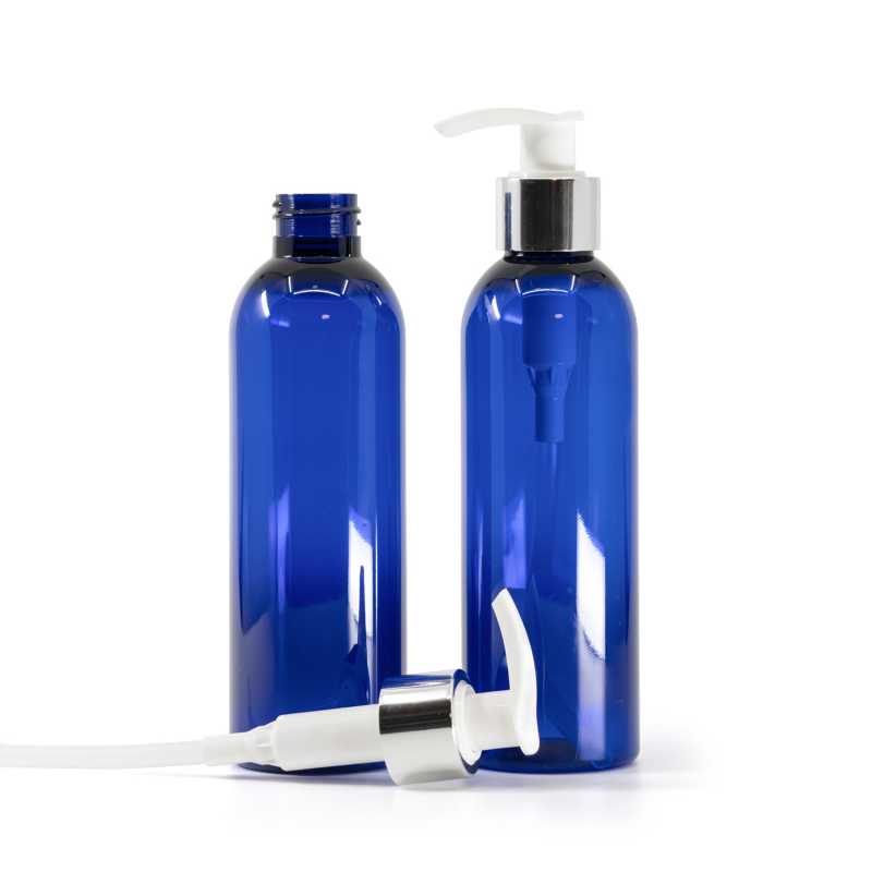Botella de plástico azul, dispensador blanco, cuello liso plateado, 200 ml