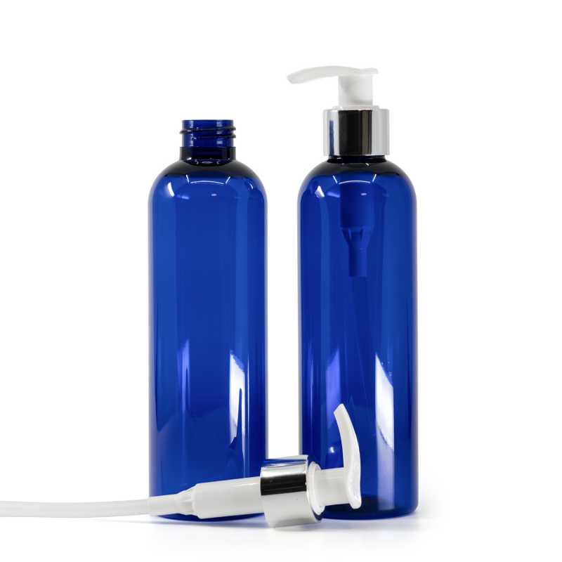 Botella de plástico azul, bomba loción blanca con collar plateado, 250 ml
