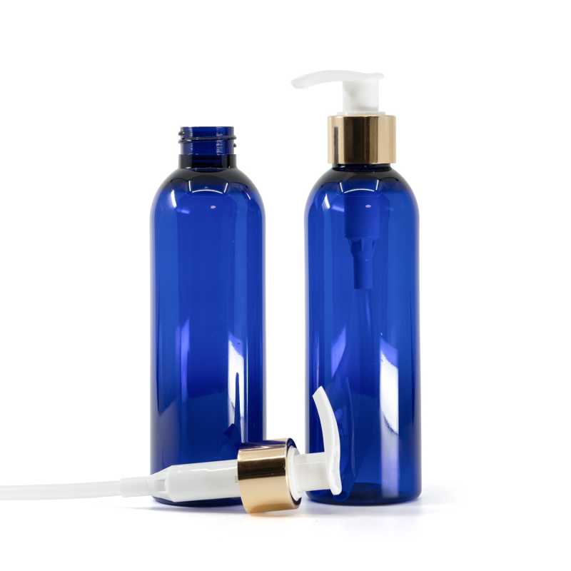 Botella de plástico azul, bomba loción blanca con cuello dorado brillante, 200 ml