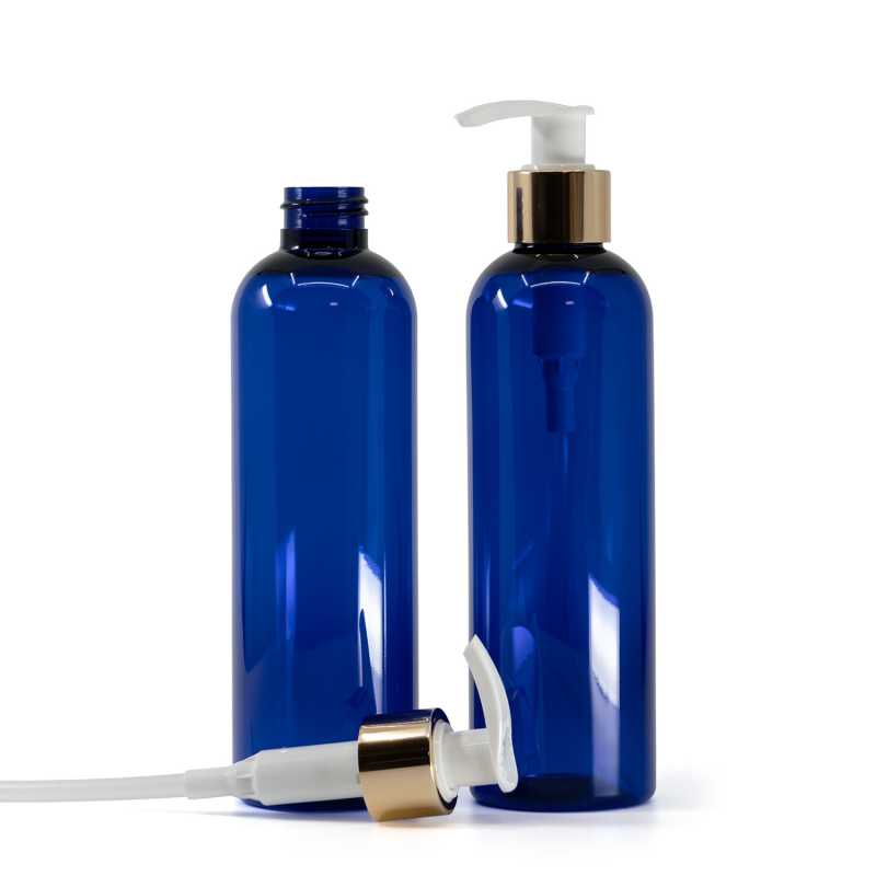 Botella de plástico azul, bomba para loción blanca con cuello dorado brillante, 250 ml