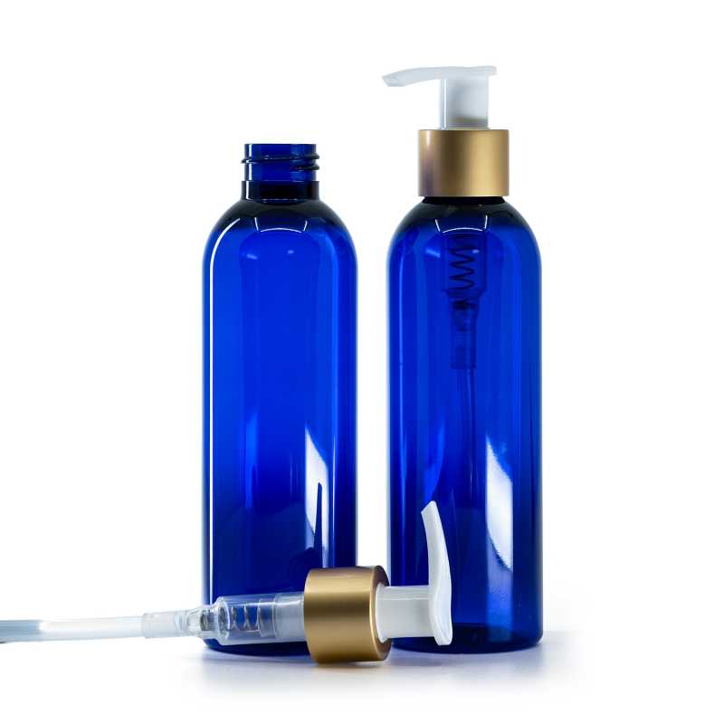 Botella de plástico azul, bomba blanca con anillo dorado mate, 200 ml