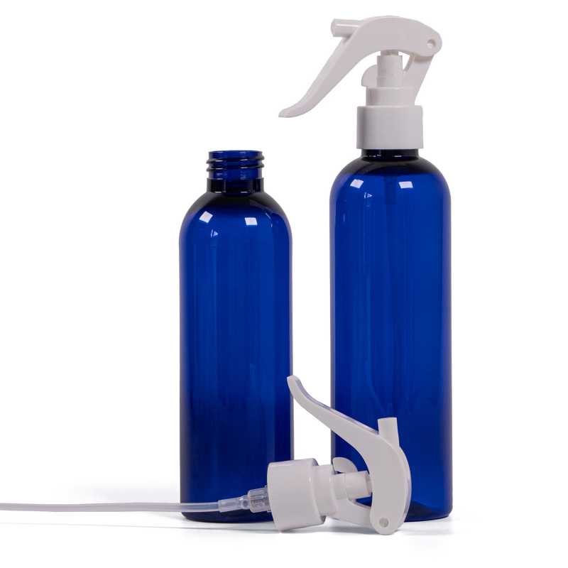 Botella de plástico azul, pulverizador de gatillo blanco, 250 ml