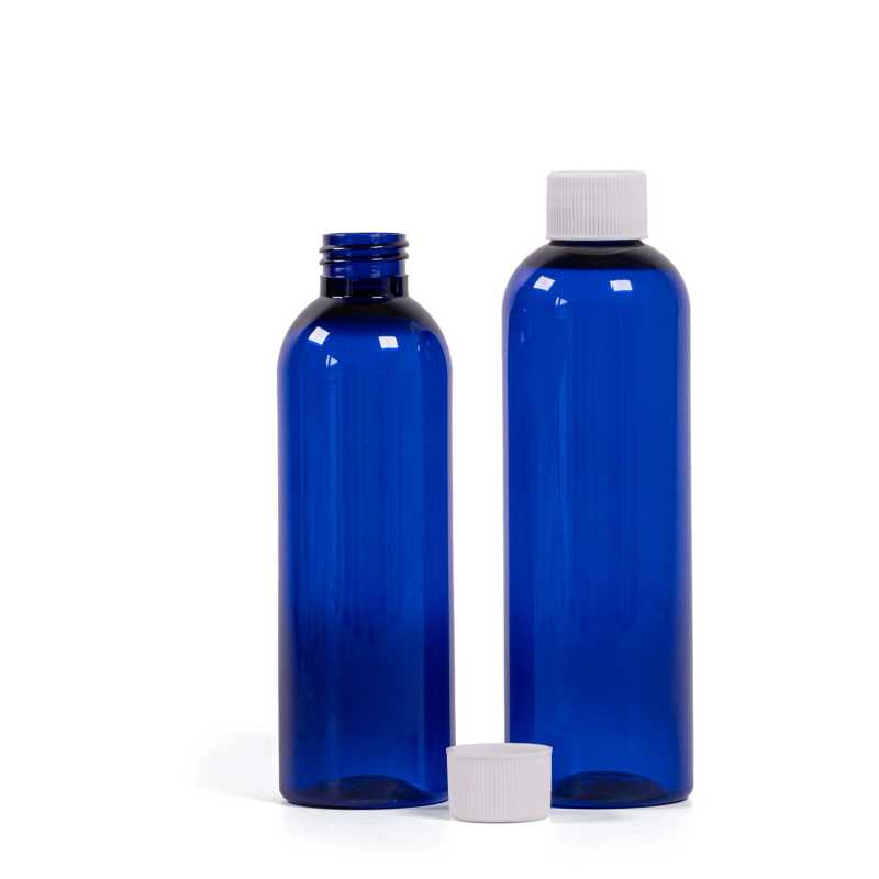 Botella de plástico azul, 200 ml, tapón de rosca blanco