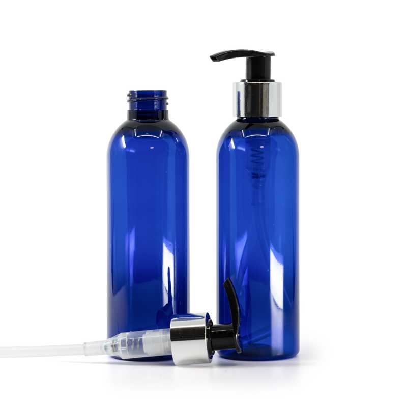 Botella de plástico azul, dispensador negro y plateado, 200 ml