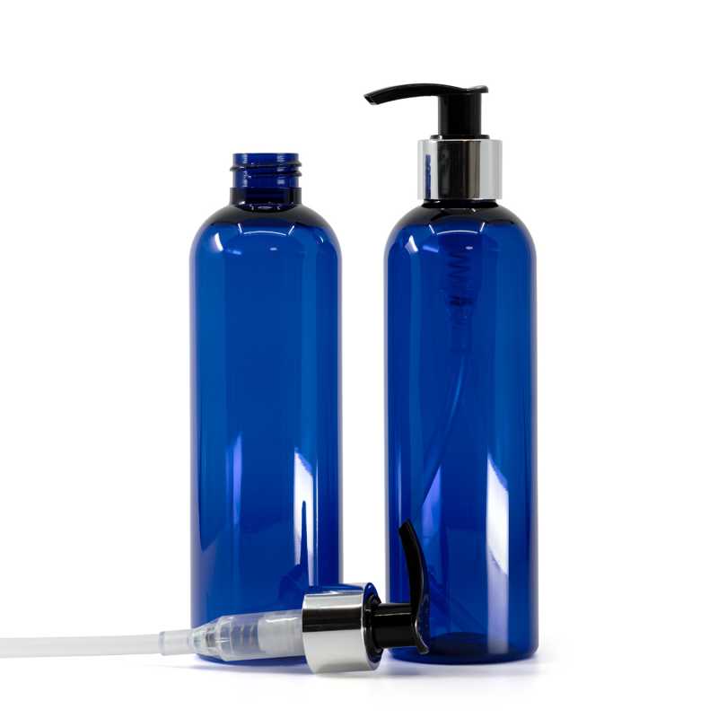 Botella de plástico azul, dispensador negro y plateado, 250 ml
