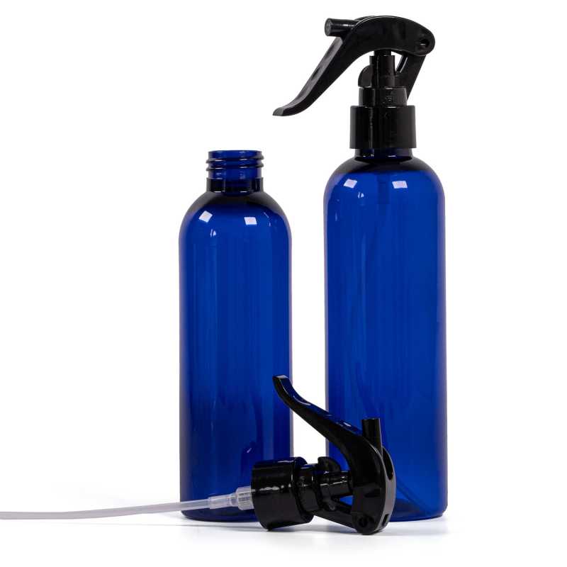 Botella de plástico azul, pulverizador de gatillo negro, 200 ml