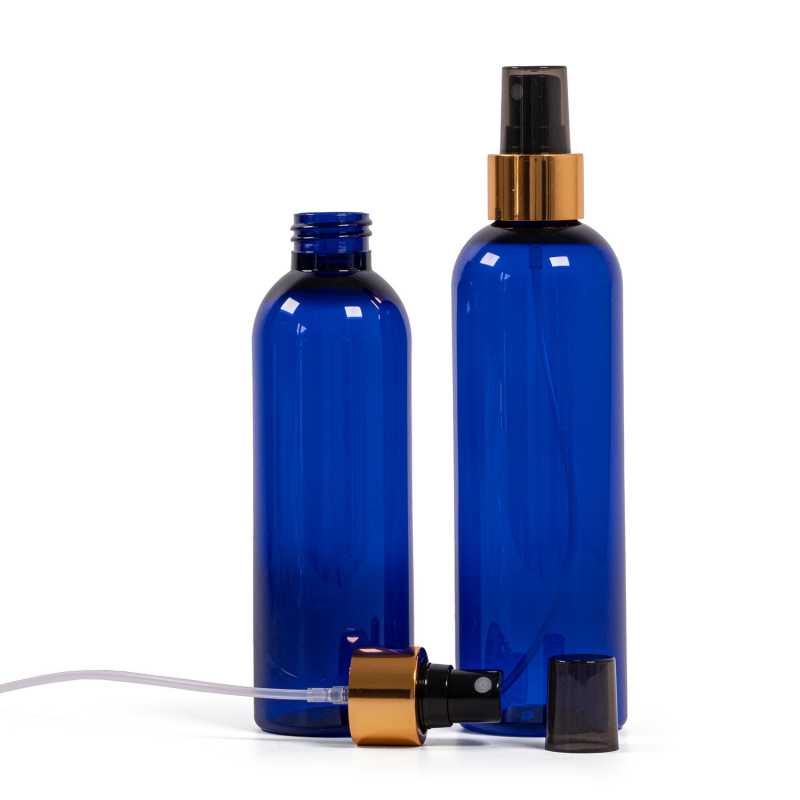 Botella de plástico azul, pulverizador negro, anillo dorado brillante, 200 ml