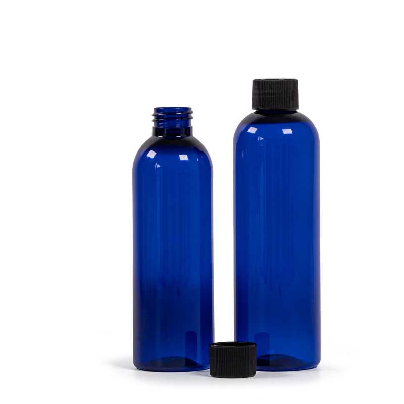 Botella de plástico azul, tapón estriado negro, 250 ml