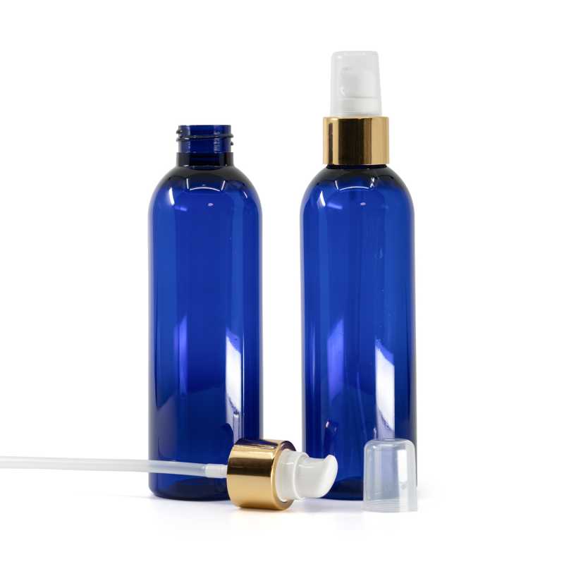 Botella de plástico azul, dispensador blanco con sobretapa, dorado, 200 ml