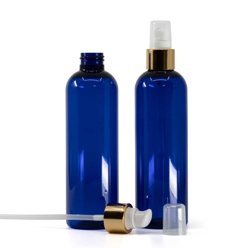 Botella de plástico azul, bomba loción con sobretapa, blanco-dorado, 250 ml