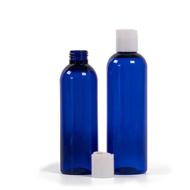 Botella de plástico azul, tapón disc-top blanco, 200 ml