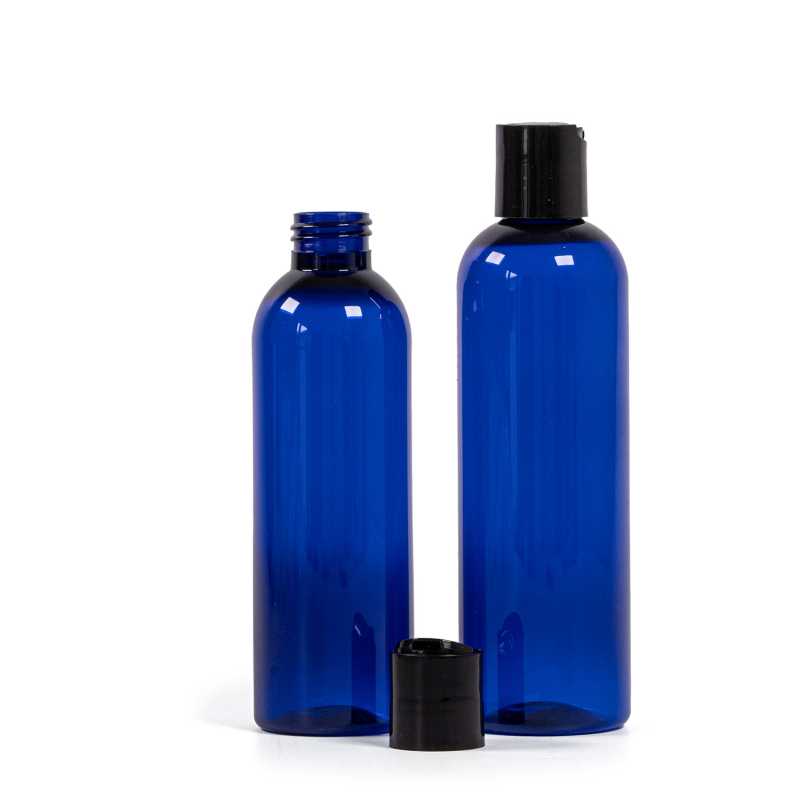 Botella de plástico azul, tapón disc-top negro, 200 ml