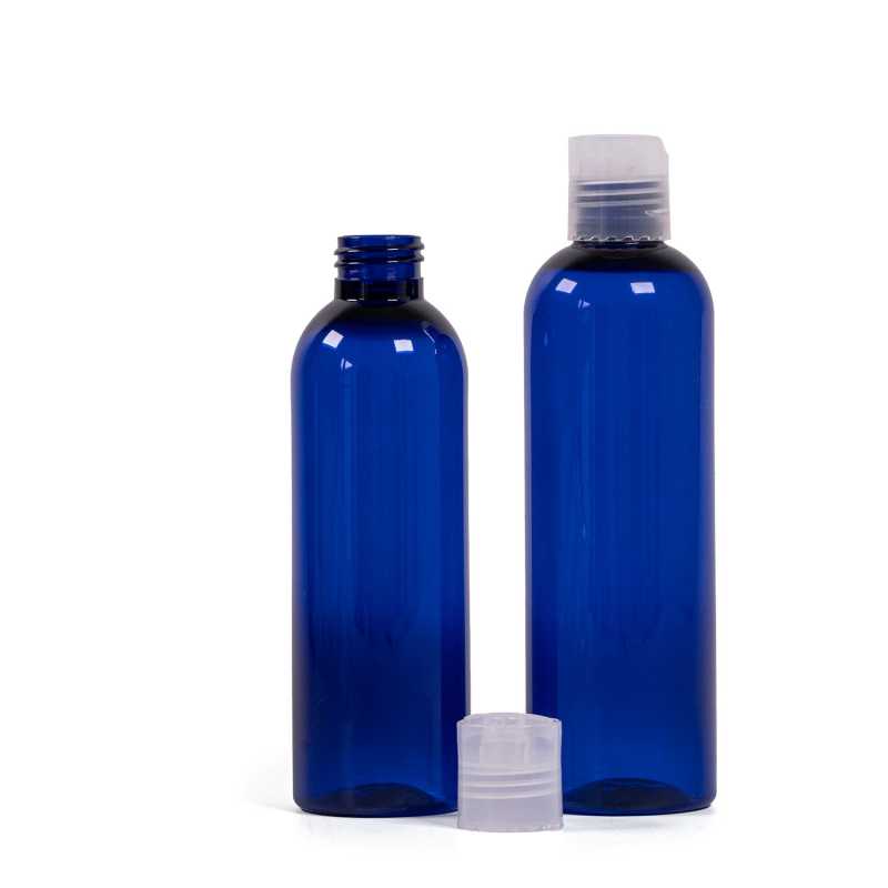 Botella de plástico azul, tapón disc-top transparente, 200 ml