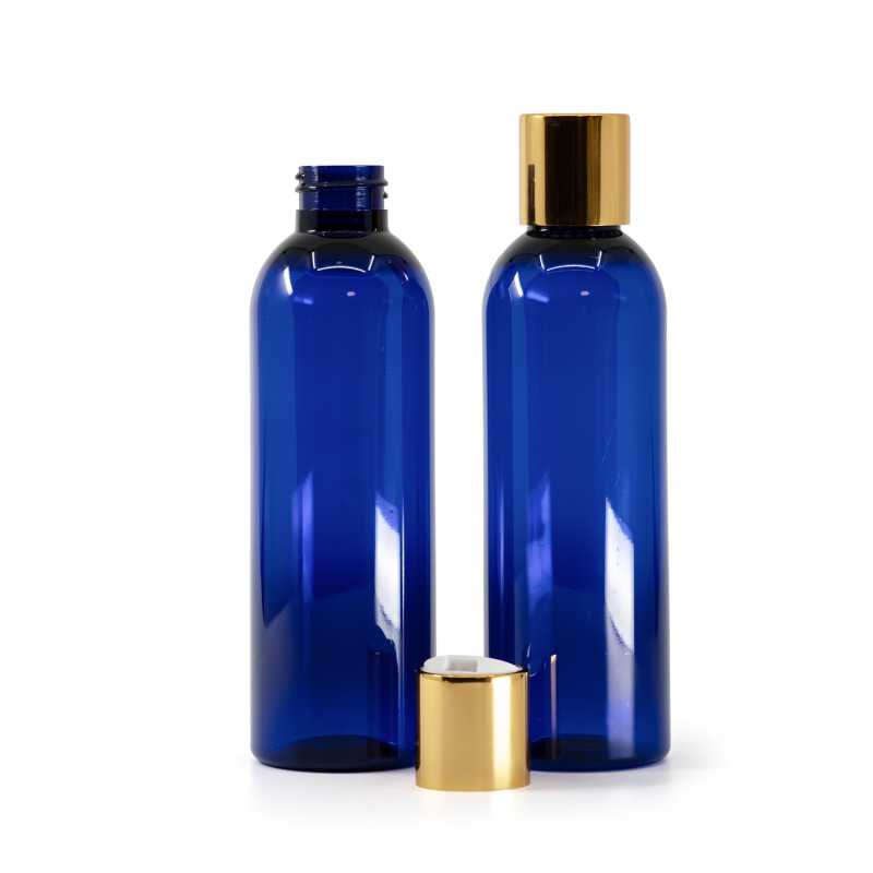 Botella de plástico azul, tapón disc-top de plástico blanco con anillo de aluminio dorado, 200 ml