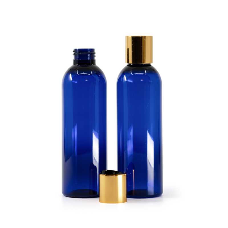 Botella de plástico azul, tapón disc-top dorado con parte central negra, 200 ml
