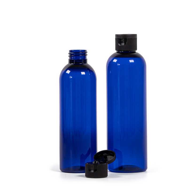 Botella de plástico azul, tapón flip-top negro, 200 ml