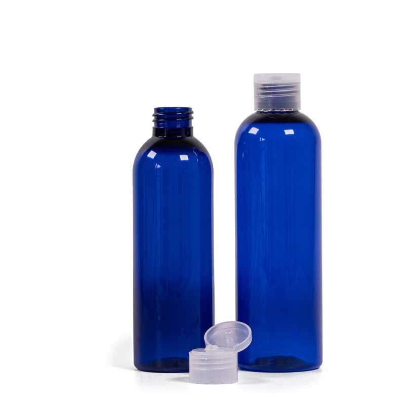 Botella de plástico azul, tapón flip-top transparente, 250 ml