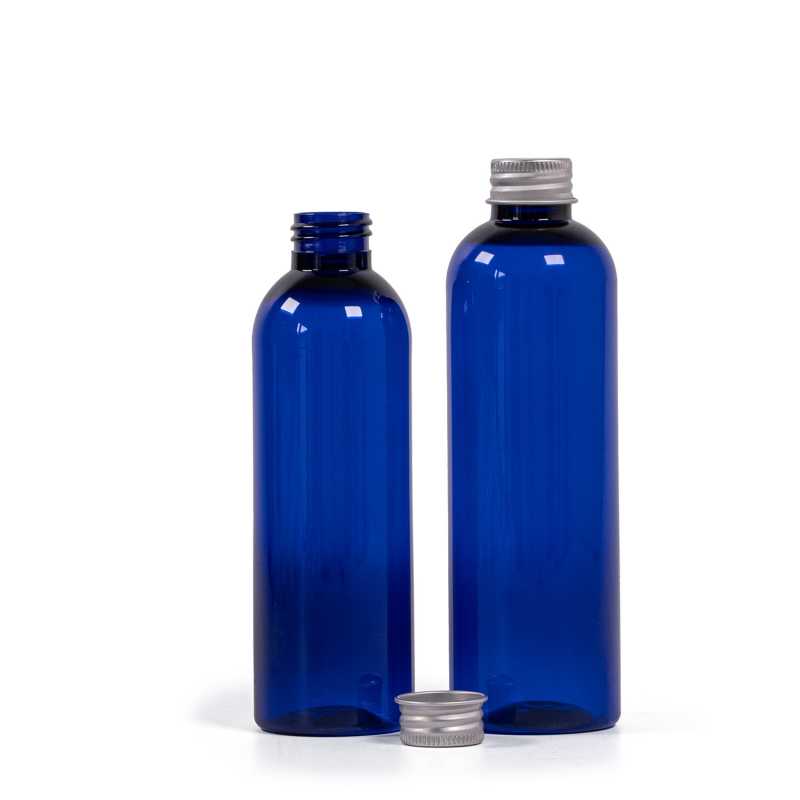 Botella de plástico azul, tapón de aluminio, 250 ml