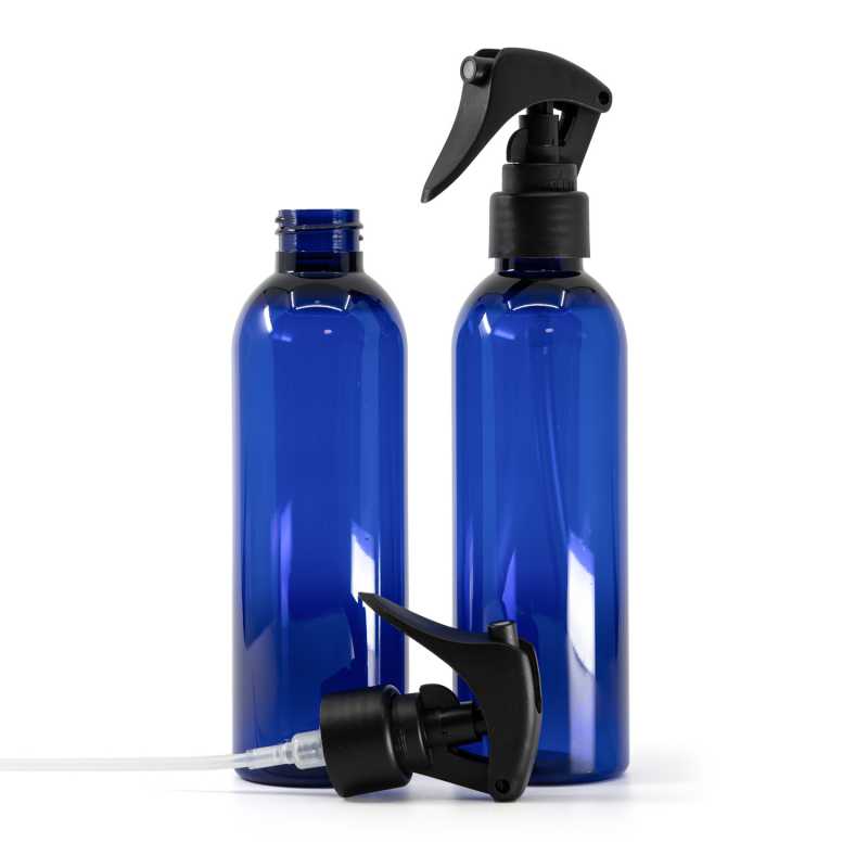 Botella de plástico azul, pulverizador de gatillo negro mate, anillo liso, 200 ml