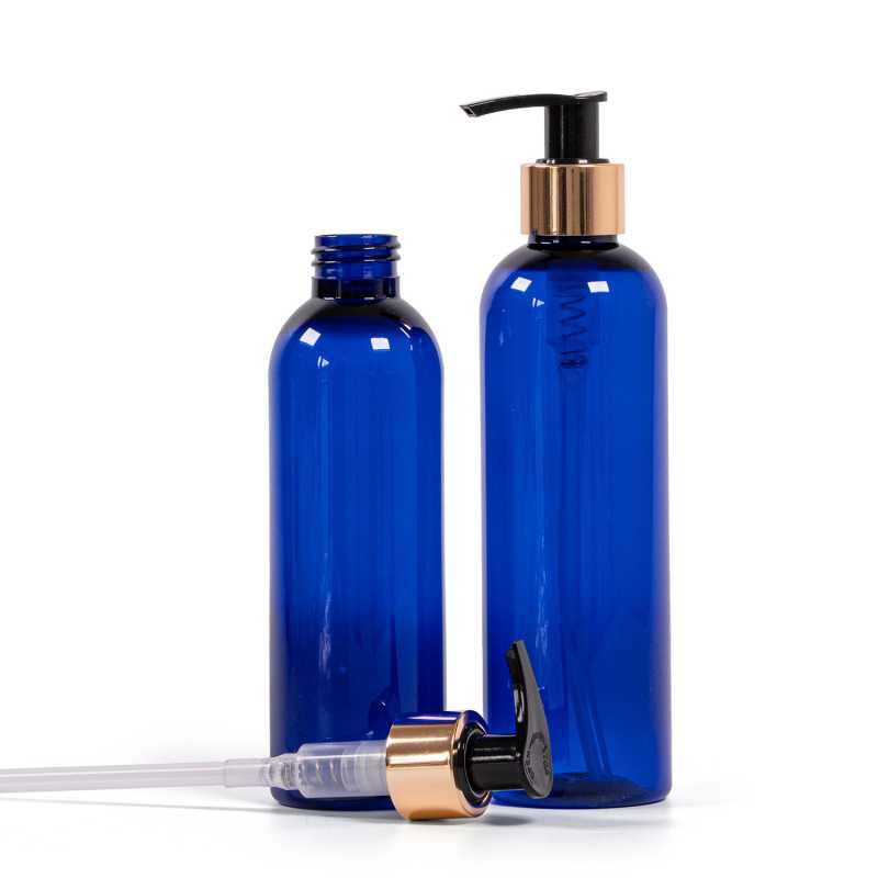 Botella de plástico azul, bomba de plástico dorada, 200 ml