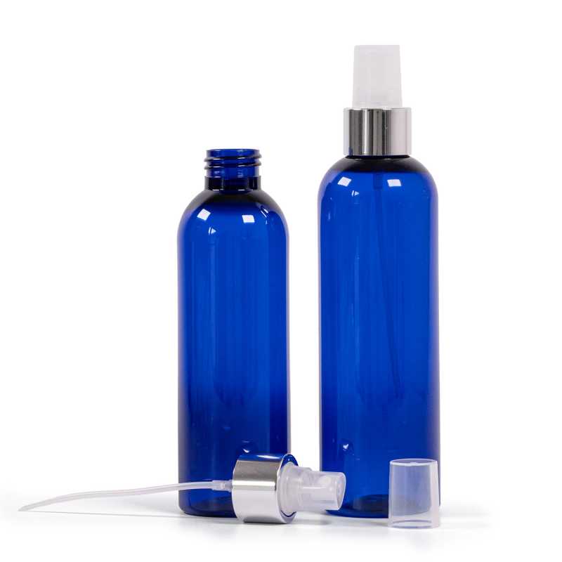 Botella de plástico azul, pulverizador transparente, anillo plateado brillante, 200 ml