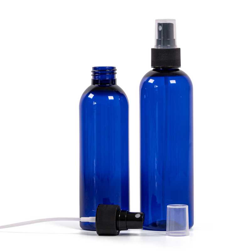 Botella de plástico azul, pulverizador negro, 250 ml