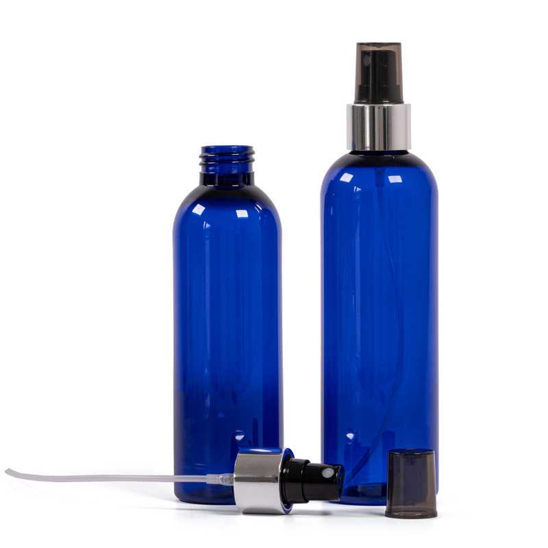 Botella de plástico azul, pulverizador negro, anillo plateado brillante, 250 ml