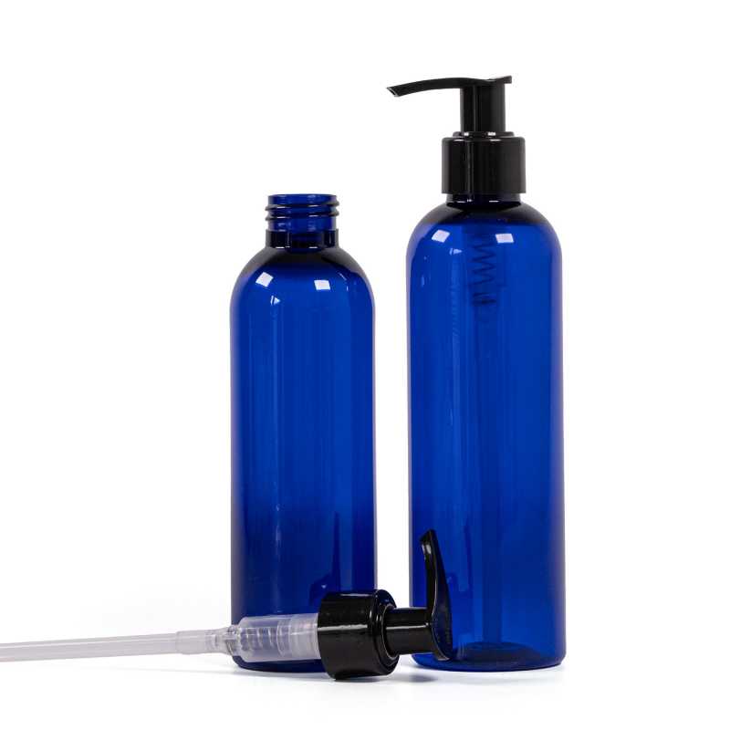 Botella de plástico azul, dispensador negro, 200 ml